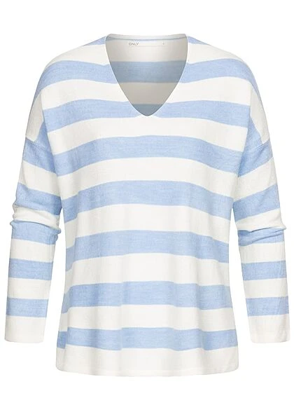 ONLY Damen V-Neck Strick Longsleeve Pullover Mit Streifen Cloud Weiss Blau 3 ONLY Damen V-Neck Strick Longsleeve Pullover Mit Streifen Cloud Weiss Blau
