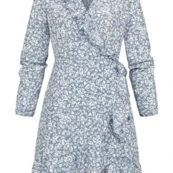 ONLY Damen NOOS V-Neck Mini Wickelkleid Mit Frilldetails Blumen Muster Cashmere Blau