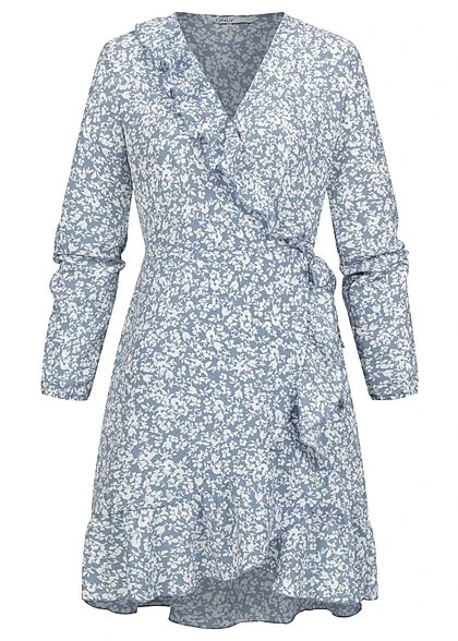 ONLY Damen NOOS V-Neck Mini Wickelkleid Mit Frilldetails Blumen Muster Cashmere Blau 3 ONLY Damen NOOS V-Neck Mini Wickelkleid Mit Frilldetails Blumen Muster Cashmere Blau