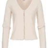 Aware By Vero Moda Damen Cardigan Mit Knopfleiste V-Neck Frilldetails Hell Beige