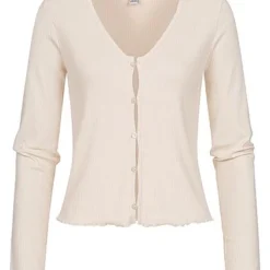 Aware By Vero Moda Damen Cardigan Mit Knopfleiste V-Neck Frilldetails Hell Beige