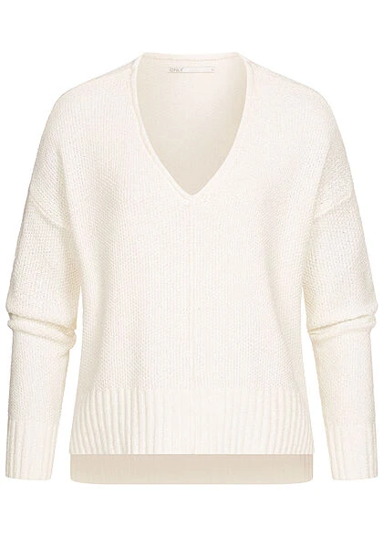 ONLY Damen Sweater Pullover Mit V-Neck Strukturstoff Vokuhila Weiss 2 ONLY Damen Sweater Pullover Mit V-Neck Strukturstoff Vokuhila Weiss