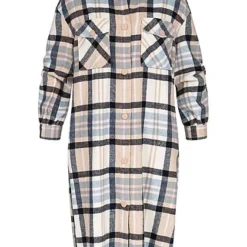 ONLY Damen Longform Shaket Hemdjacke Mit 2 Brusttaschen Kariert Navy Blau Beige