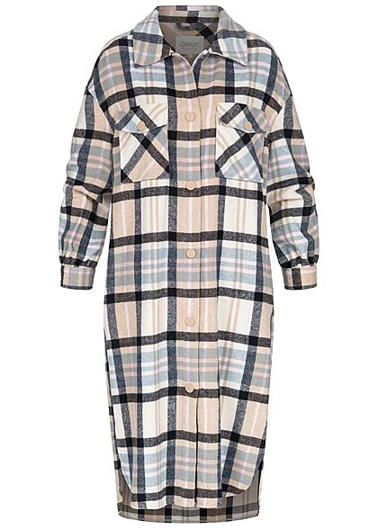 ONLY Damen Longform Shaket Hemdjacke Mit 2 Brusttaschen Kariert Navy Blau Beige 3 ONLY Damen Longform Shaket Hemdjacke Mit 2 Brusttaschen Kariert Navy Blau Beige