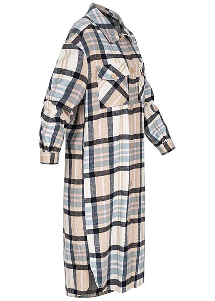 ONLY Damen Longform Shaket Hemdjacke Mit 2 Brusttaschen Kariert Navy Blau Beige 4 ONLY Damen Longform Shaket Hemdjacke Mit 2 Brusttaschen Kariert Navy Blau Beige – Bild 2