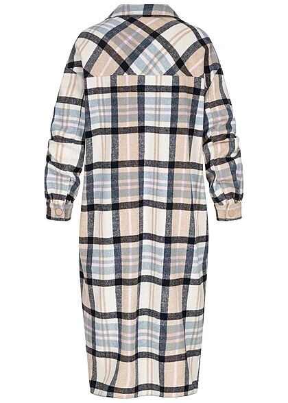 ONLY Damen Longform Shaket Hemdjacke Mit 2 Brusttaschen Kariert Navy Blau Beige 5 ONLY Damen Longform Shaket Hemdjacke Mit 2 Brusttaschen Kariert Navy Blau Beige – Bild 3