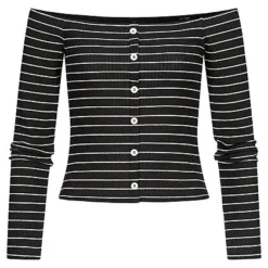 ONLY Damen Off-Shoulder Longsleeve Deko Knopfleiste Gestreift Schwarz Weiss