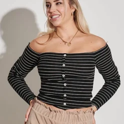 ONLY Damen Off-Shoulder Longsleeve Deko Knopfleiste Gestreift Schwarz Weiss -Vero Moda Verkaufsgeschäft 22020601 2