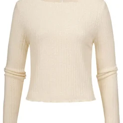Aiki Damen Off-Shoulder Struktur Longssleeve Leichter Pulli Frilldetails Beige