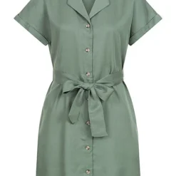 Vero Moda Damen NOOS Kleid Kurzarm Mit V-Neck Und Kragen Inkl. Bindegürtel Grün