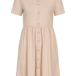 AIKI Damen Ribbed V-Neck Kleid Mit Deko Knopfleiste Beige