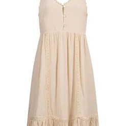 AIKI Damen V-Neck Viskose Kleid Mit 3er Knopfleiste Häkelbesatz Beige