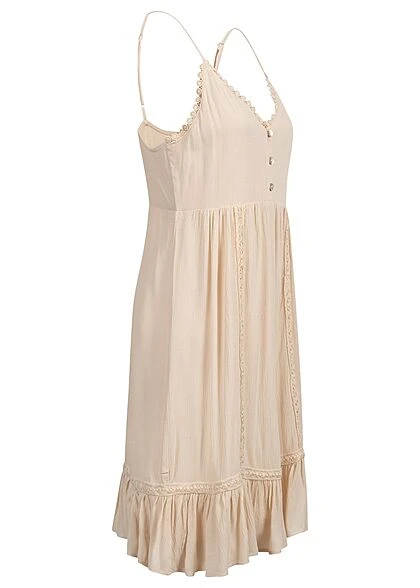 AIKI Damen V-Neck Viskose Kleid Mit 3er Knopfleiste Häkelbesatz Beige 4 AIKI Damen V-Neck Viskose Kleid Mit 3er Knopfleiste Häkelbesatz Beige – Bild 2