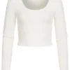 Vero Moda Damen Ribbed Crop Shirt Longsleeve Knopfleiste Seitl. Am Ärmel Schnee Weiss