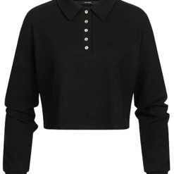 Vero Moda Damen Ribbed Crop Shirt Longsleeve Knopfleiste Polo-Optik Schwarz