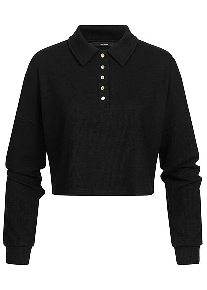 Vero Moda Damen Ribbed Crop Shirt Longsleeve Knopfleiste Polo-Optik Schwarz 3 Vero Moda Damen Ribbed Crop Shirt Longsleeve Knopfleiste Polo-Optik Schwarz