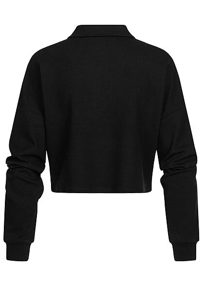Vero Moda Damen Ribbed Crop Shirt Longsleeve Knopfleiste Polo-Optik Schwarz 4 Vero Moda Damen Ribbed Crop Shirt Longsleeve Knopfleiste Polo-Optik Schwarz – Bild 2
