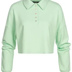 Vero Moda Damen Ribbed Crop Shirt Longsleeve Knopfleiste Polo-Optik Brook Grün