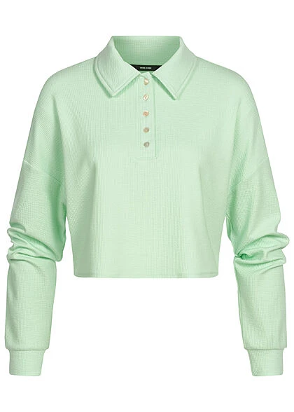 Vero Moda Damen Ribbed Crop Shirt Longsleeve Knopfleiste Polo-Optik Brook Grün 3 Vero Moda Damen Ribbed Crop Shirt Longsleeve Knopfleiste Polo-Optik Brook Grün