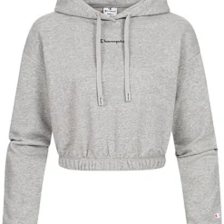 Champion Damen Crop Hoodie Top Gummibund Logo Print Grau