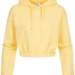 Champion Damen Crop Hoodie Top Gummibund Logo Print Gelb