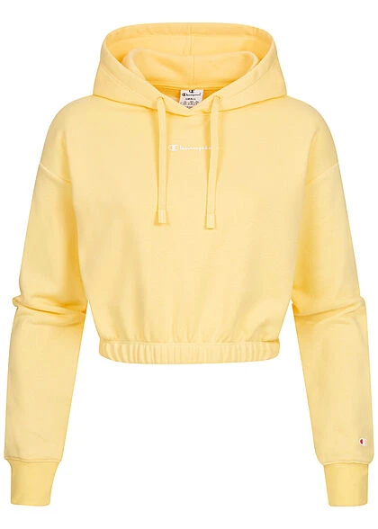 Champion Damen Crop Hoodie Top Gummibund Logo Print Gelb 3 Champion Damen Crop Hoodie Top Gummibund Logo Print Gelb