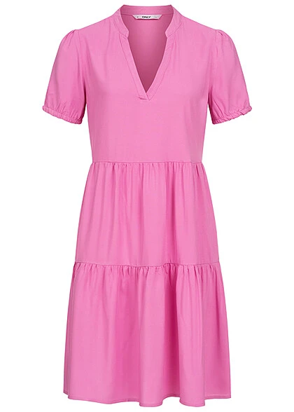 ONLY Damen Viskose Volant Kleid Mit V-Neck Und Kurzarm Super Pink 3 ONLY Damen Viskose Volant Kleid Mit V-Neck Und Kurzarm Super Pink