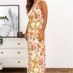 VILA Damen Ankle Neckholder Longform Kleid Blumen Muster Bindegürtel Golden Haze Gelb