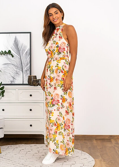 VILA Damen Ankle Neckholder Longform Kleid Blumen Muster Bindegürtel Golden Haze Gelb 3 VILA Damen Ankle Neckholder Longform Kleid Blumen Muster Bindegürtel Golden Haze Gelb