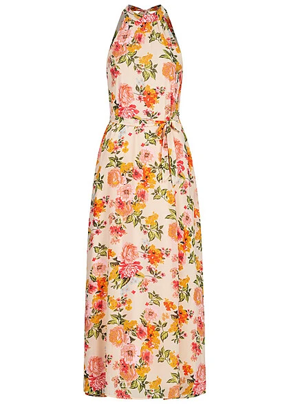 VILA Damen Ankle Neckholder Longform Kleid Blumen Muster Bindegürtel Golden Haze Gelb 4 VILA Damen Ankle Neckholder Longform Kleid Blumen Muster Bindegürtel Golden Haze Gelb – Bild 2