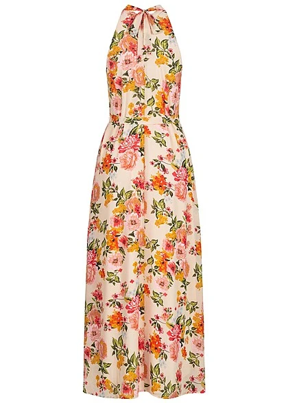 VILA Damen Ankle Neckholder Longform Kleid Blumen Muster Bindegürtel Golden Haze Gelb 5 VILA Damen Ankle Neckholder Longform Kleid Blumen Muster Bindegürtel Golden Haze Gelb – Bild 3
