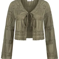 VILA Damen Leichter Kurzer V-Neck Cardigan M. Bindedetail Vorne Blumen Muster Leaf Oliv