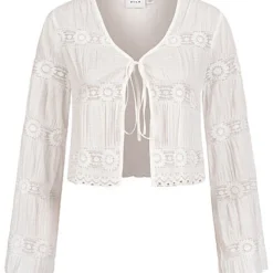 VILA Damen Leichter Kurzer V-Neck Cardigan M. Bindedetail Vorne Blumen Muster Snow Weiss