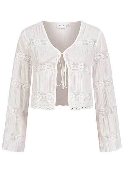 VILA Damen Leichter Kurzer V-Neck Cardigan M. Bindedetail Vorne Blumen Muster Snow Weiss 3 VILA Damen Leichter Kurzer V-Neck Cardigan M. Bindedetail Vorne Blumen Muster Snow Weiss