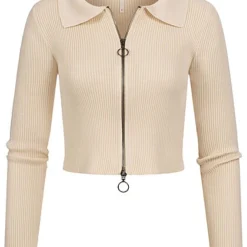 Aiki Damen Ribbed Zip-Cardigan Kurze Strickjacke Beige
