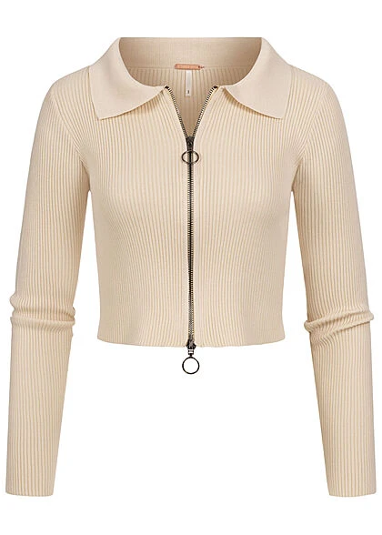Aiki Damen Ribbed Zip-Cardigan Kurze Strickjacke Beige 3 Aiki Damen Ribbed Zip-Cardigan Kurze Strickjacke Beige