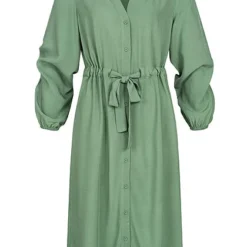 ONLY Damen V-Neck Kleid Mit Knopfleiste Und 7/8 Ärmeln Bindegürtel Dark Ivy Grün