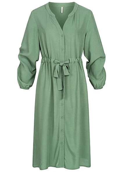 ONLY Damen V-Neck Kleid Mit Knopfleiste Und 7/8 Ärmeln Bindegürtel Dark Ivy Grün 3 ONLY Damen V-Neck Kleid Mit Knopfleiste Und 7/8 Ärmeln Bindegürtel Dark Ivy Grün
