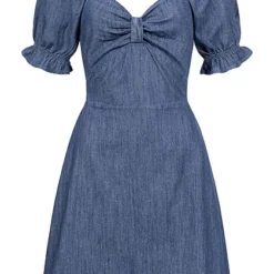 Pieces Damen 1/2 Arm V-Neck Denim Kleid Mit Rüschenärmel & Rückenausschnitt Medium Blau