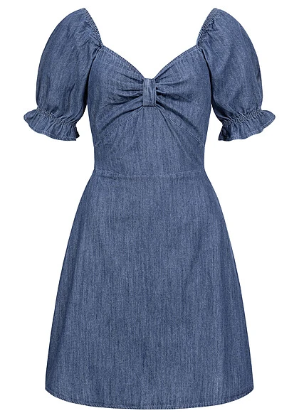 Pieces Damen 1/2 Arm V-Neck Denim Kleid Mit Rüschenärmel & Rückenausschnitt Medium Blau 3 Pieces Damen 1/2 Arm V-Neck Denim Kleid Mit Rüschenärmel & Rückenausschnitt Medium Blau