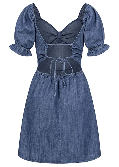 Pieces Damen 1/2 Arm V-Neck Denim Kleid Mit Rüschenärmel & Rückenausschnitt Medium Blau 5 Pieces Damen 1/2 Arm V-Neck Denim Kleid Mit Rüschenärmel & Rückenausschnitt Medium Blau – Bild 3