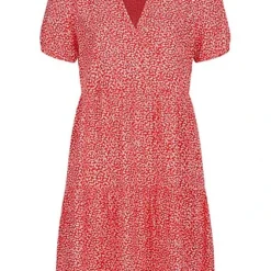 ONLY Damen Volant Kleid Mit V-Neck Und All Over Print High Risk Rot