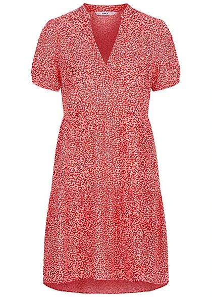 ONLY Damen Volant Kleid Mit V-Neck Und All Over Print High Risk Rot 3 ONLY Damen Volant Kleid Mit V-Neck Und All Over Print High Risk Rot