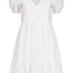 VILA Damen Kurzes V-Neck Pufferkleid Mit Häkelbesatz Cloud Dancer Weiss