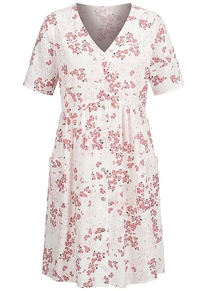 Cloud5ive Damen V-Neck Blusen Kleid Mit Knopfleiste 2-Pocket Blumen Print Weiss 3 Cloud5ive Damen V-Neck Blusen Kleid Mit Knopfleiste 2-Pocket Blumen Print Weiss