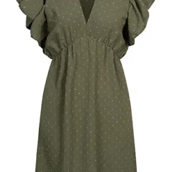 Cloud5ive Damen V-Neck Kleid Mit Volant An Den Ärmeln Strukturstoff Oliv Grün