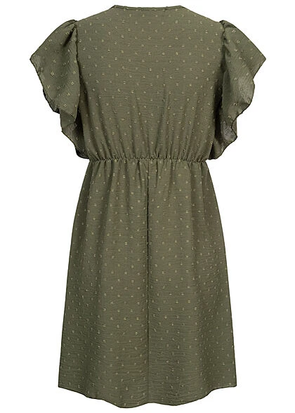 Cloud5ive Damen V-Neck Kleid Mit Volant An Den Ärmeln Strukturstoff Oliv Grün 5 Cloud5ive Damen V-Neck Kleid Mit Volant An Den Ärmeln Strukturstoff Oliv Grün – Bild 3