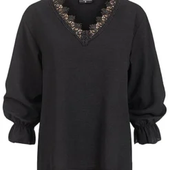 Styleboom Fashion Damen Langarm Shirt Longsleeve Mit V-Neck Und Spitze Schwarz