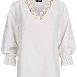 Styleboom Fashion Damen Langarm Shirt Longsleeve Mit V-Neck Und Spitze Weiss