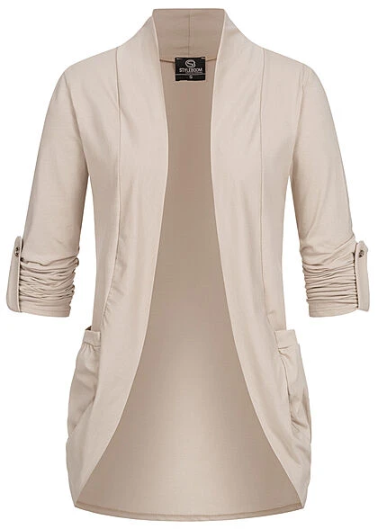 Cloud5ive Damen Turn-Up Cardigan Mit 2 Taschen Offener Schitt Beige 3 Cloud5ive Damen Turn-Up Cardigan Mit 2 Taschen Offener Schitt Beige